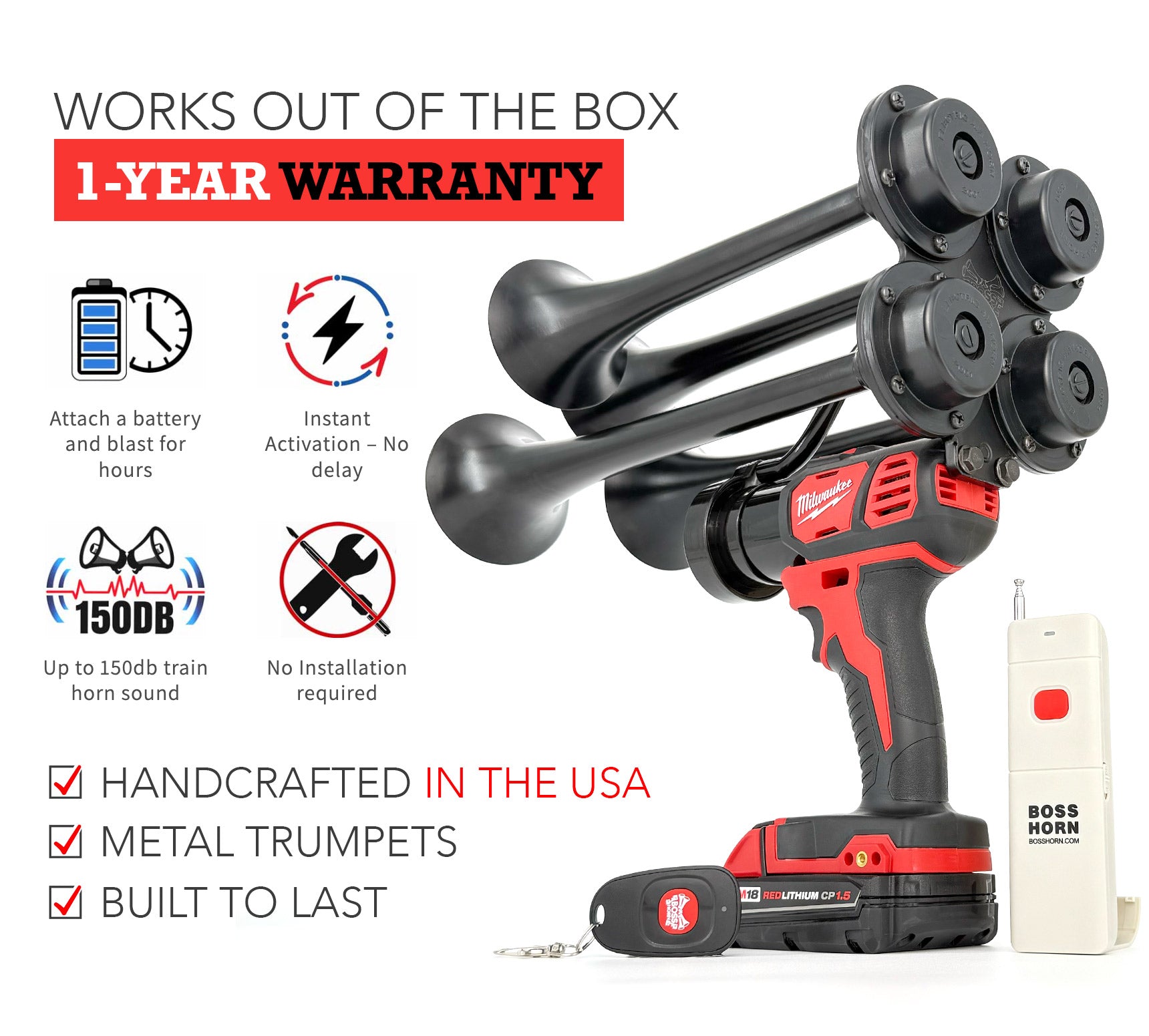 Milwaukee cordless train horn with features and warranty information on a white background