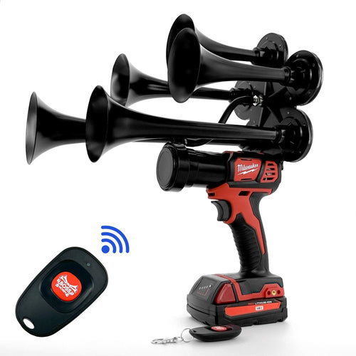 Black air horn system with Milwaukee tool and remote control on a white background