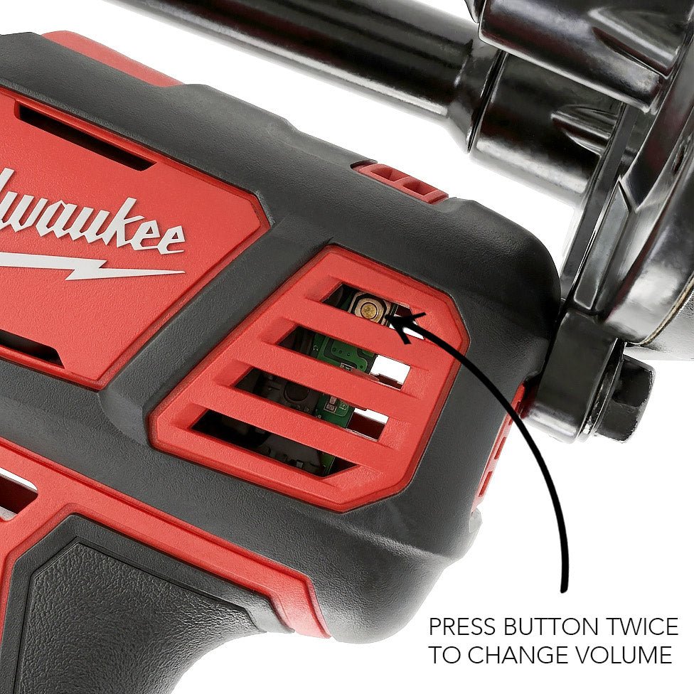 Close-up of the train horn's control housing vents and internal button, with a note to press the button twice to change the volume level