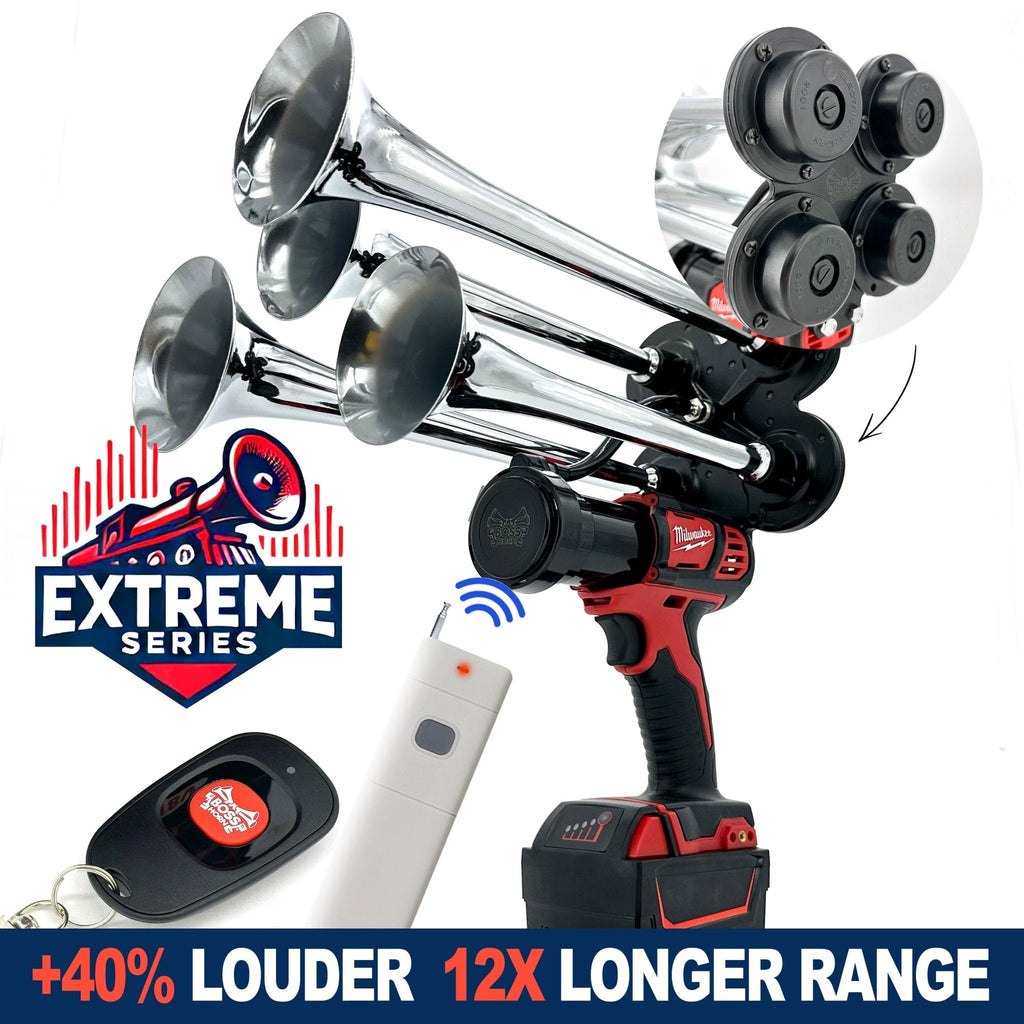 Milwaukee Train Horn with remote control and 'Extreme Series' branding on a white background