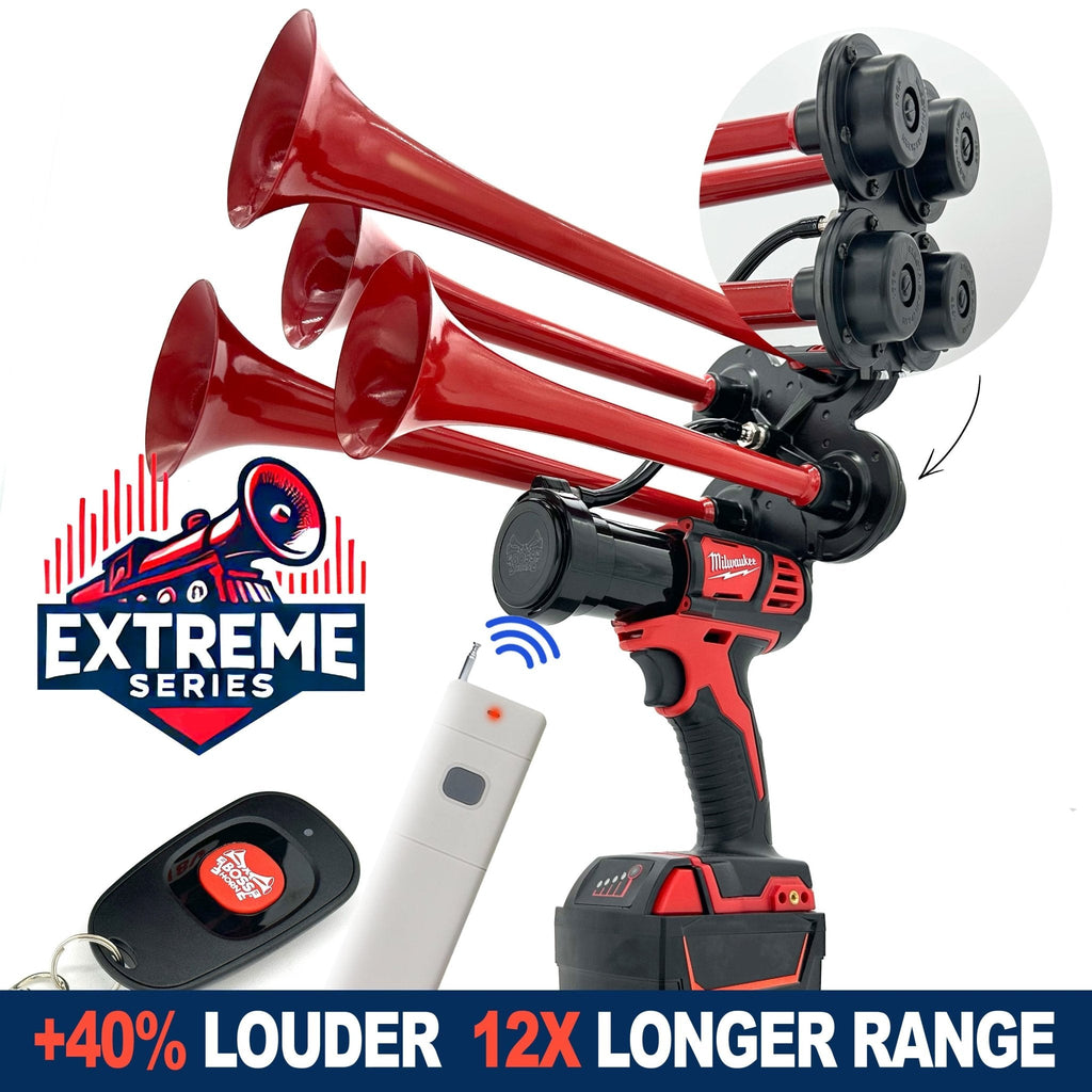 Milwaukee Train Horn  air horn with remote control and Milwaukee Extreme Series logo on a white background