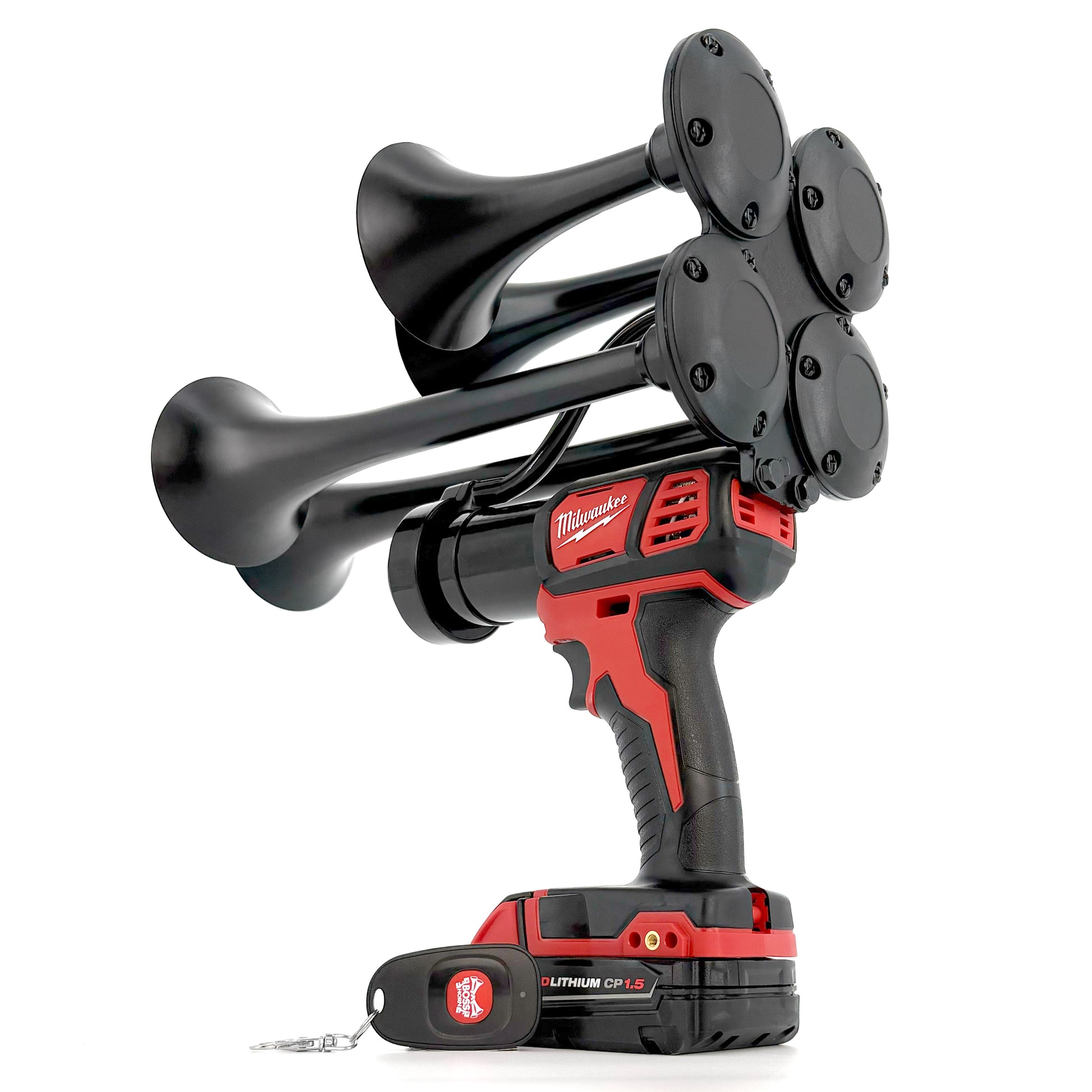 Black and red cordless drill with multiple nozzles on a white background