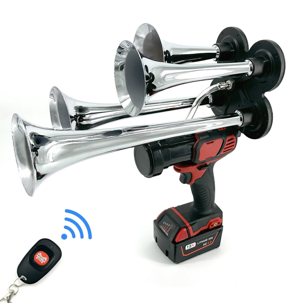 Front angle of the chrome four-trumpet train horn on a cordless power tool with Milwaukee® M18 battery and remote