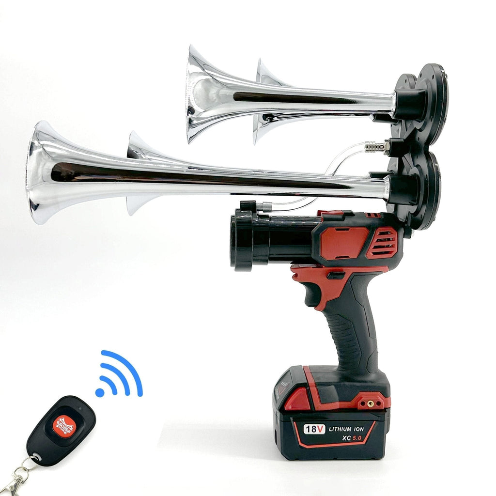 Side view of the chrome quad-trumpet train horn mounted to a cordless tool with Milwaukee® M18 battery and remote