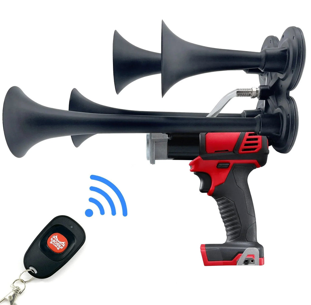 Black quad-trumpet train horn powered by a cordless power tool with a Milwaukee® M18 battery and wireless key-fob remote