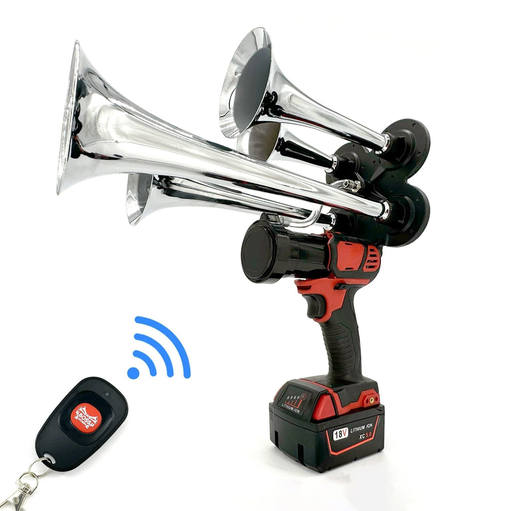 Chrome 4-trumpet train horn powered by a cordless tool with 18V lithium Milwaukee® M18 battery and key-fob remote
