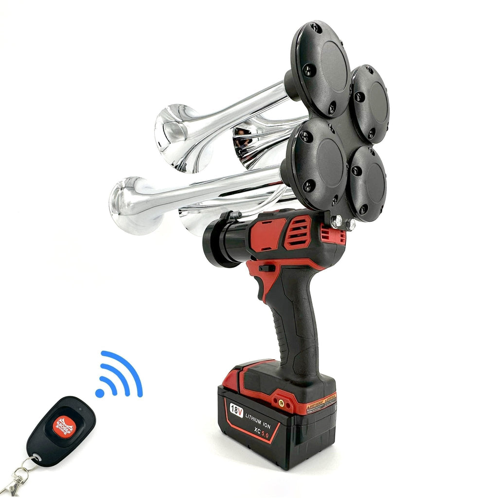 Chrome four-trumpet train horn on a cordless power tool with 18V Milwaukee® M18 battery and wireless remote