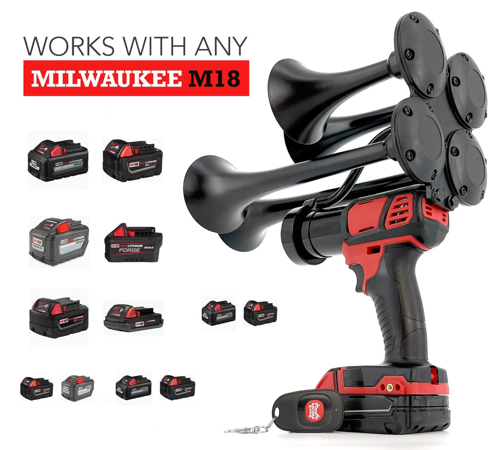 Compatibility graphic showing the black quad train horn working with any Milwaukee® M18 battery, with many M18 battery options